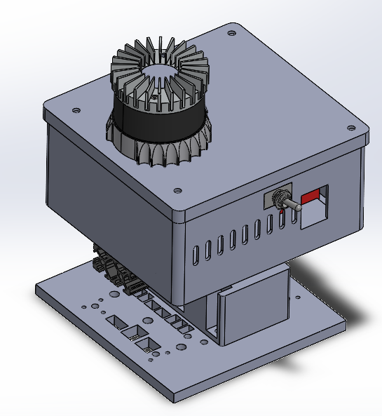 Final CAD design of the SLAM sensor box: a closed, vented enclosure with the lidar sensor mounted on its lid, sitting on the robot's base plate