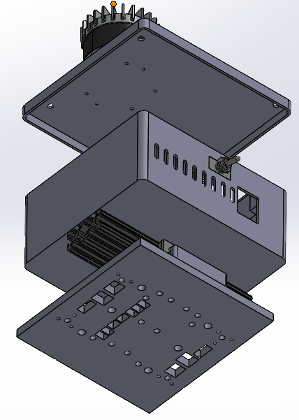 Exploded CAD view separating the lidar lid, the enclosure, and the base plate