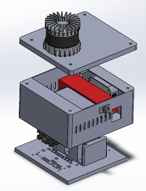 The final sensor box with its lid lifted, showing the electronics packed inside