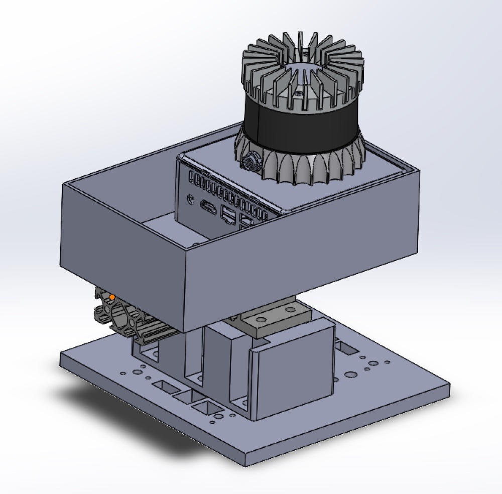 Earlier CAD iteration of the SLAM sensor box: a lidar sensor sits on top of an open enclosure holding a small onboard computer, mounted on an aluminum rail above the robot's base plate