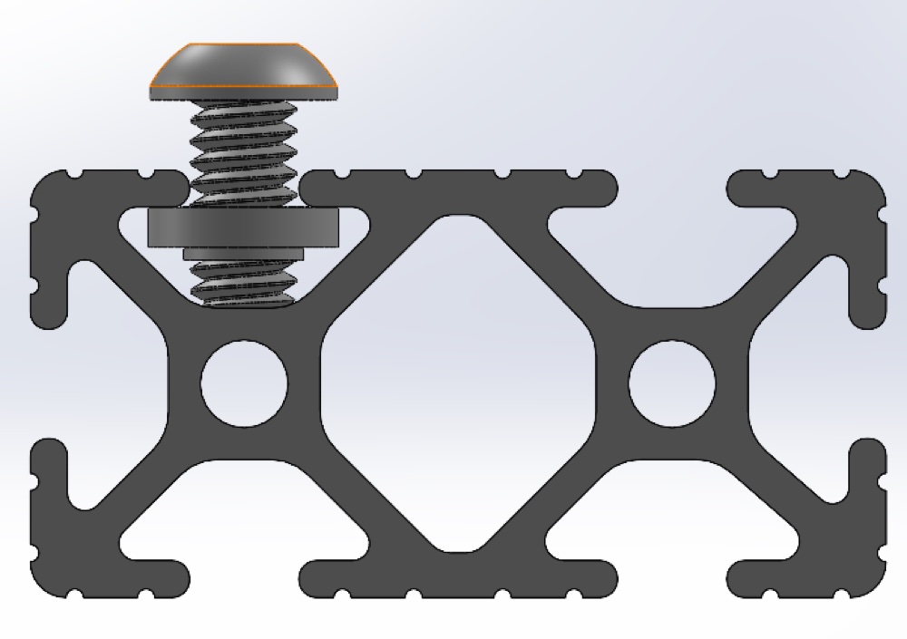 Cross-section of T-slotted aluminum framing with a screw and nut seated in the top slot