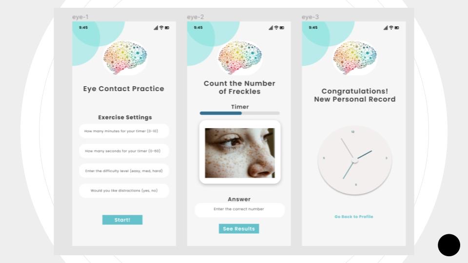 Pitch slide showing the eye contact practice exercise across three phone screens