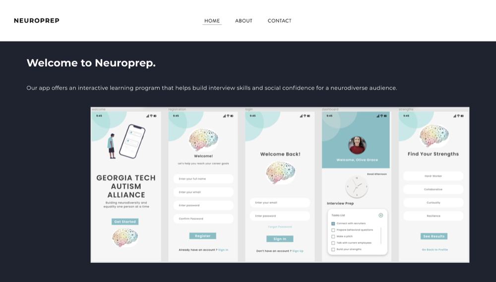 NeuroPrep website homepage showing phone mockups of the app's welcome, sign-in, and profile screens